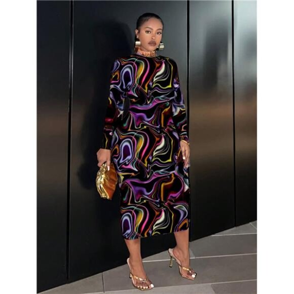 Long Sleeve Bodycon Dress, Extra Long Relaxed Fit Fall Club Party Maxi Pencil - Picture 3 of 6